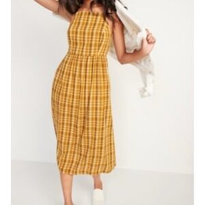 Old Navy Strap Plaid Midi Dress Women XL Yellow Western Farm Prairie Peasant
